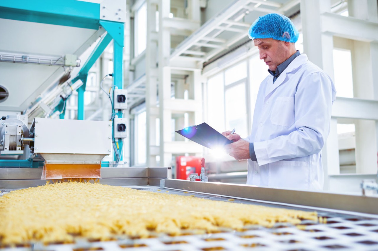 Side view portrait of senior factory worker  in food industry holding clipboard standing by conveyor belt, copy space