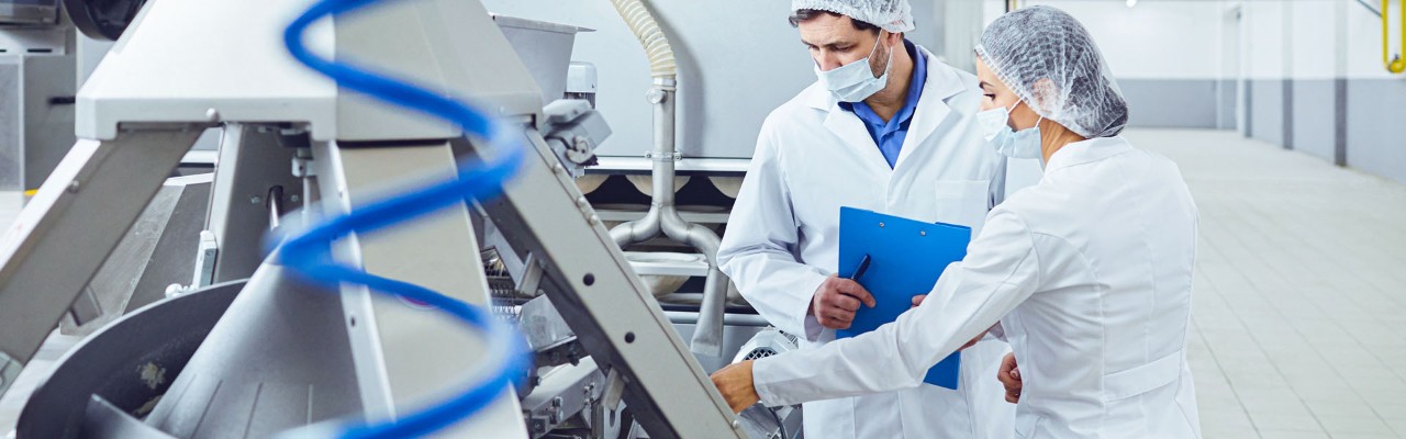 People technologists inspector in masks at food factory.
