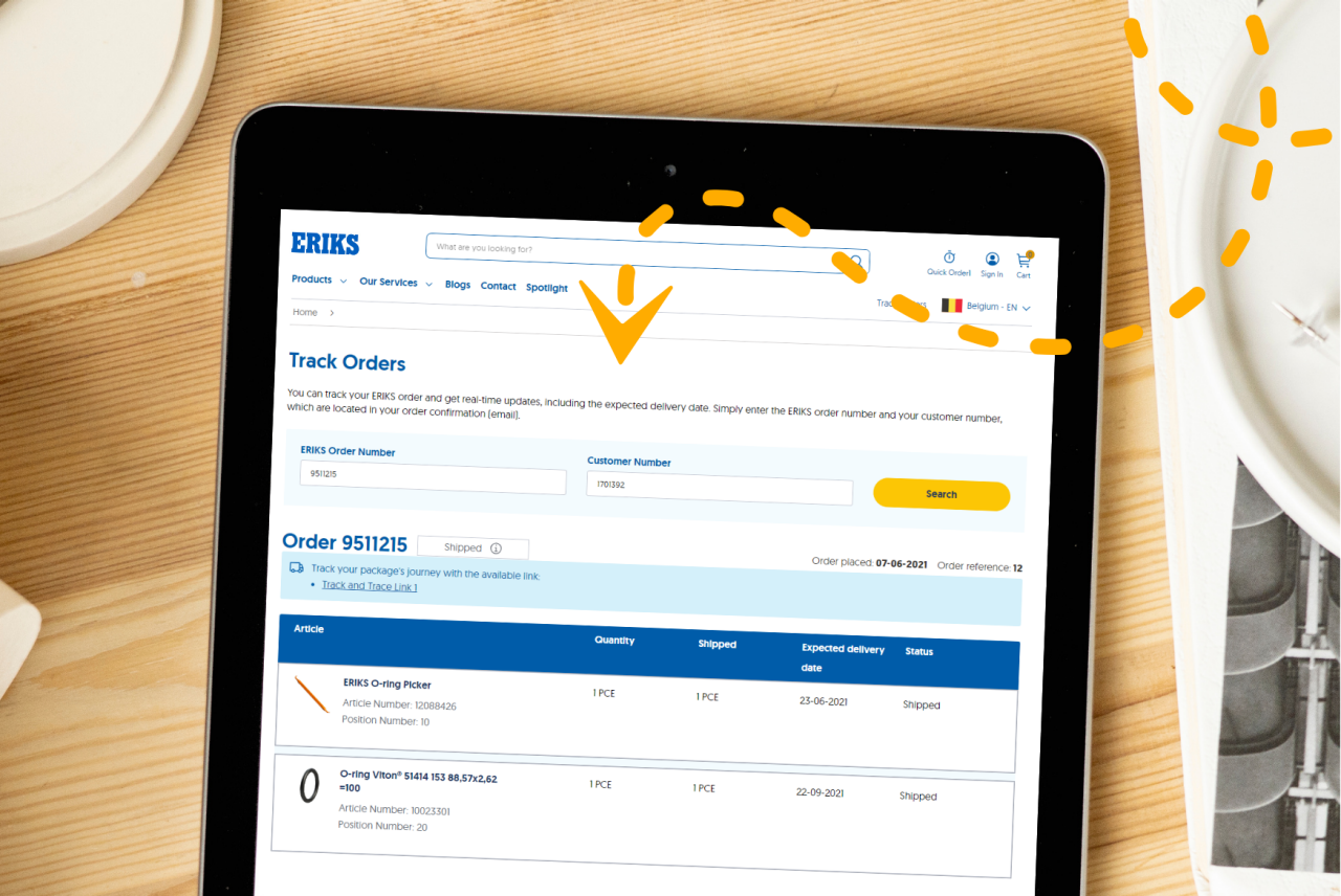 a laptop showing ERIKS order tracking page
